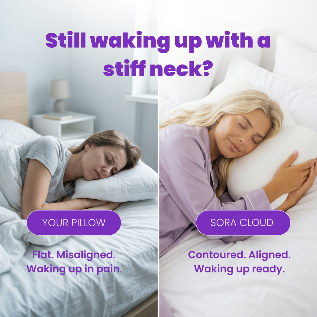 Split image flat regular pillow causing neck pain versus SORA Cloud ergonomic pillow aligned comfortable sleep