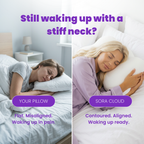 Split image flat regular pillow causing neck pain versus SORA Cloud ergonomic pillow aligned comfortable sleep