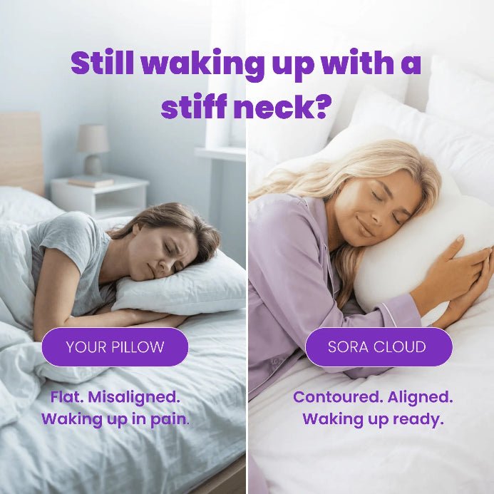 Split image flat regular pillow causing neck pain versus SORA Cloud ergonomic pillow aligned comfortable sleep