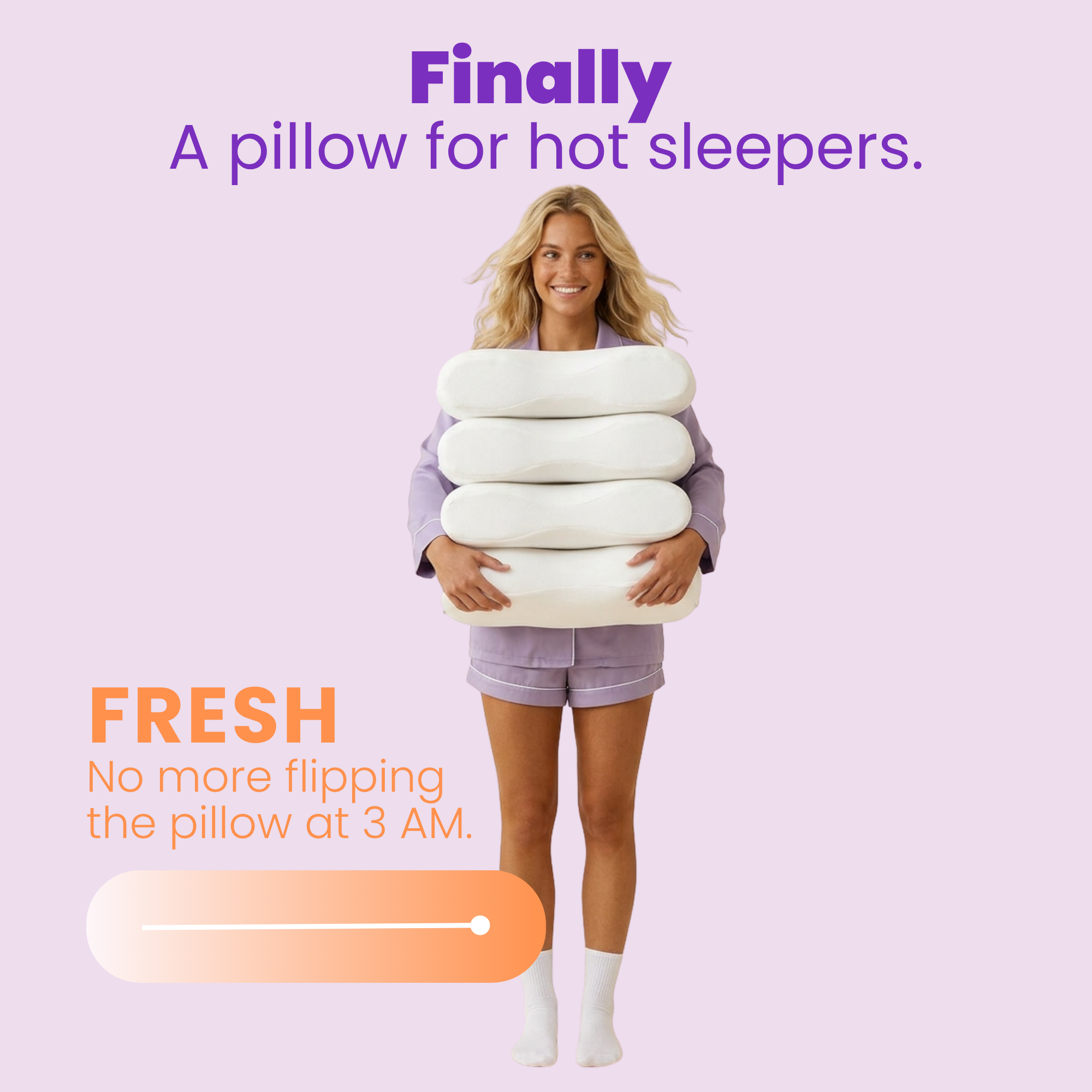 Woman holding SORA Cloud pillows CleanWeave cooling cover stays cool all night no more flipping pillow 3am