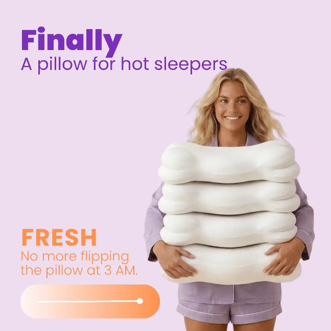 Woman holding SORA Cloud pillows CleanWeave cooling cover stays cool all night no more flipping pillow 3am