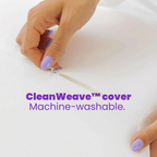 Hands lavender nails opening SORA Cloud CleanWeave removable machine-washable cooling cover zipper close up