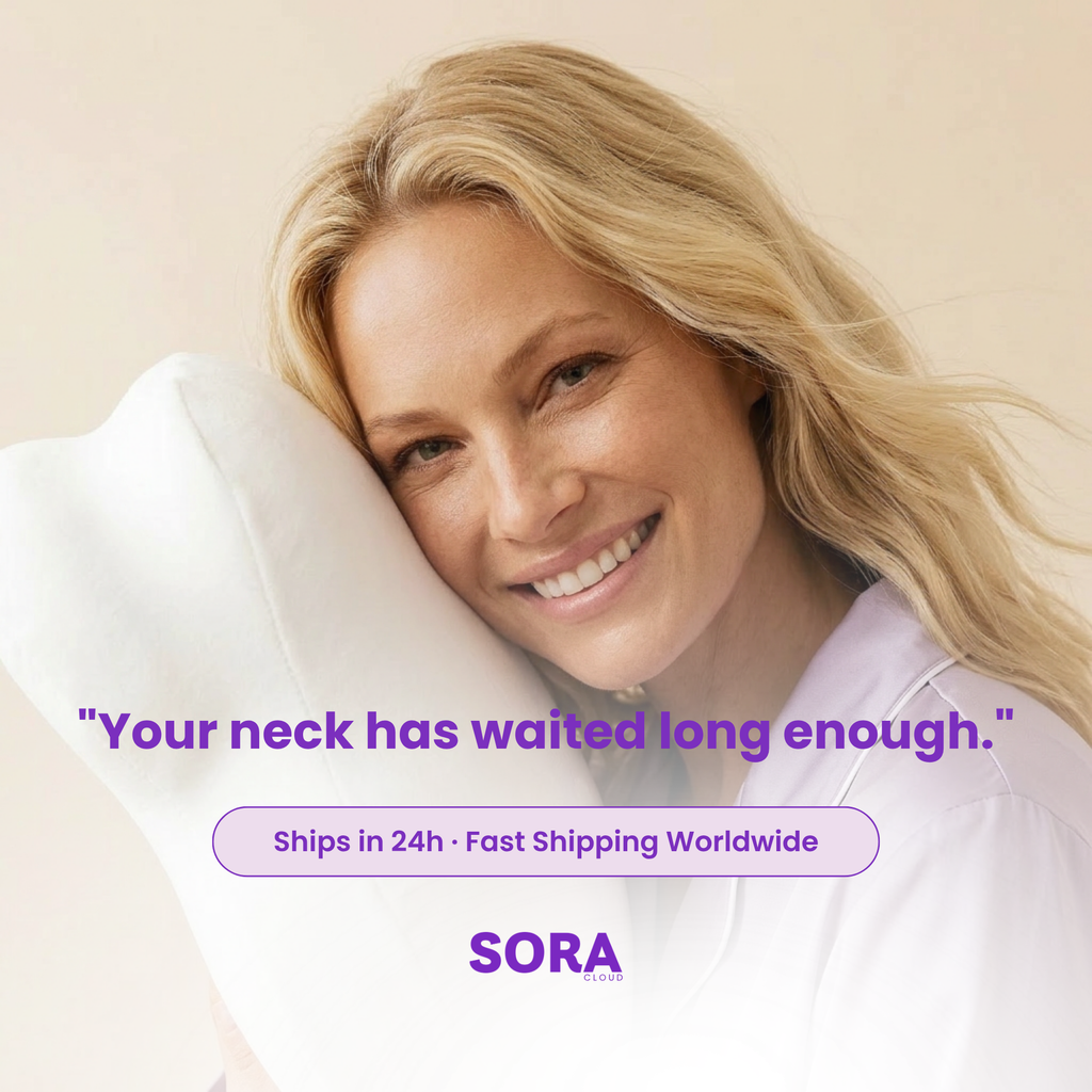 Woman resting SORA Cloud ergonomic pillow your neck has waited long enough ships 24h fast shipping worldwide