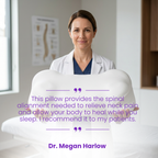 Dr Megan Harlow board certified chiropractor holding SORA Cloud pillow spinal alignment neck pain relief