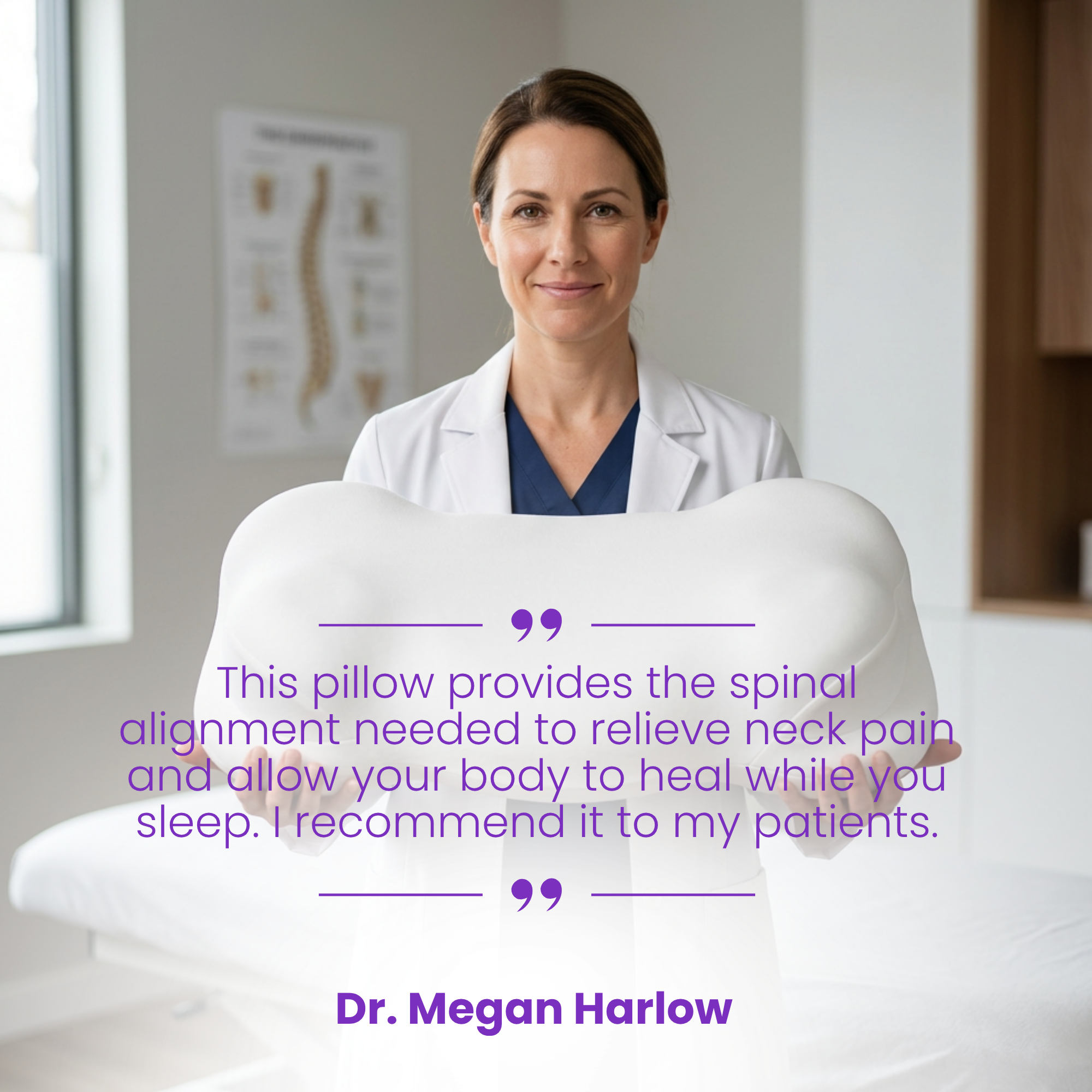 Dr Megan Harlow board certified chiropractor holding SORA Cloud pillow spinal alignment neck pain relief