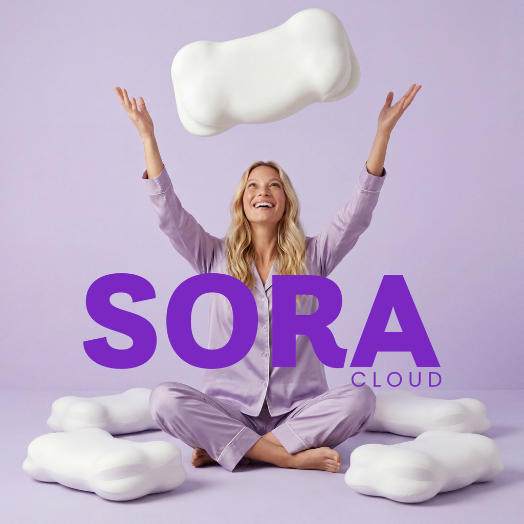 SORA Cloud ergonomic contoured pillow lifestyle shot with woman in lavender pajamas surrounded by white pillows on purple background