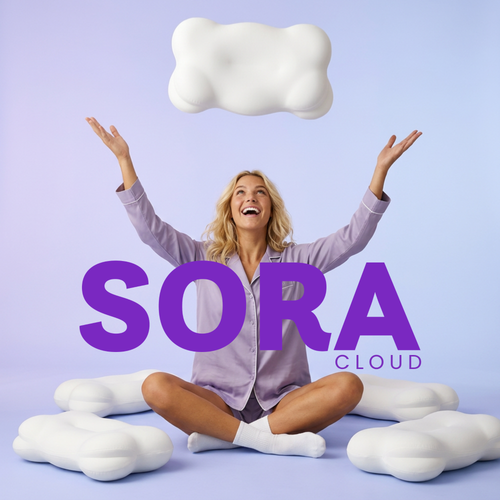 SORA Cloud ergonomic contoured pillow lifestyle shot with woman in lavender pajamas surrounded by white pillows on purple background