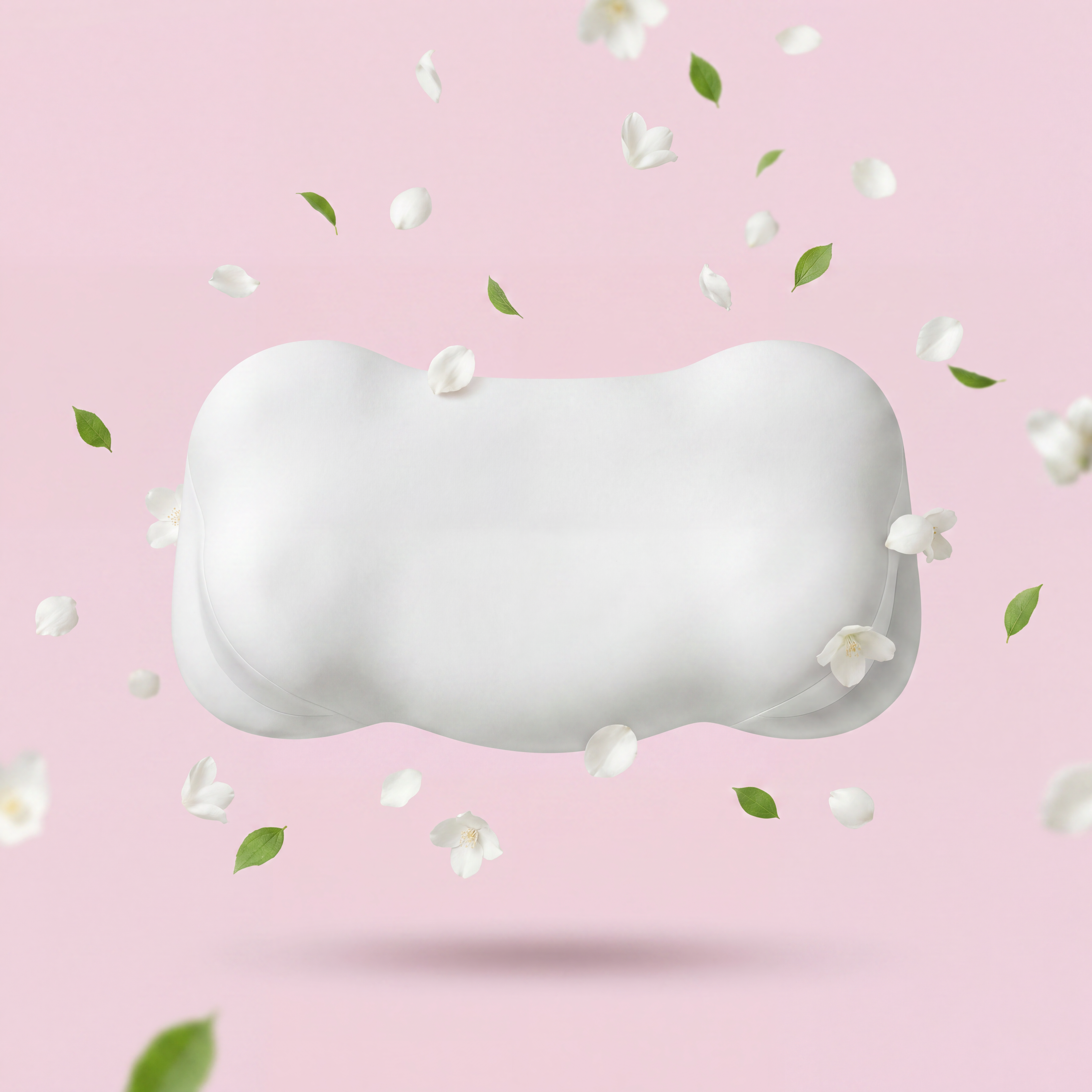 SORA Cloud ergonomic pillow floating white petals green leaves blush background hypoallergenic antibacterial CleanWeave cover