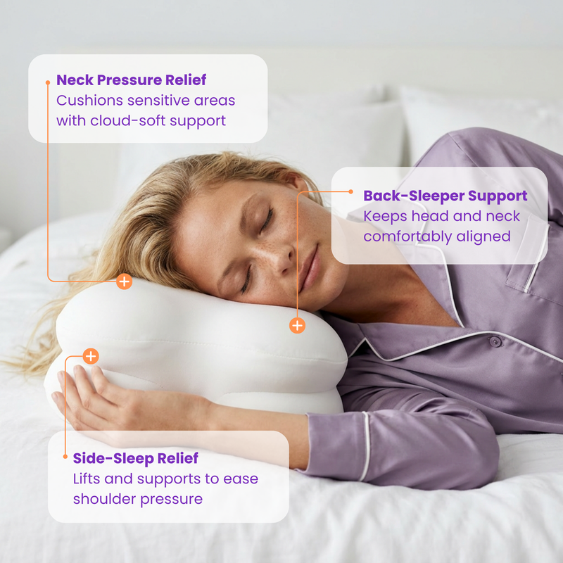 Woman sleeping SORA Cloud pillow neck pressure relief back sleeper support side sleep shoulder relief callouts