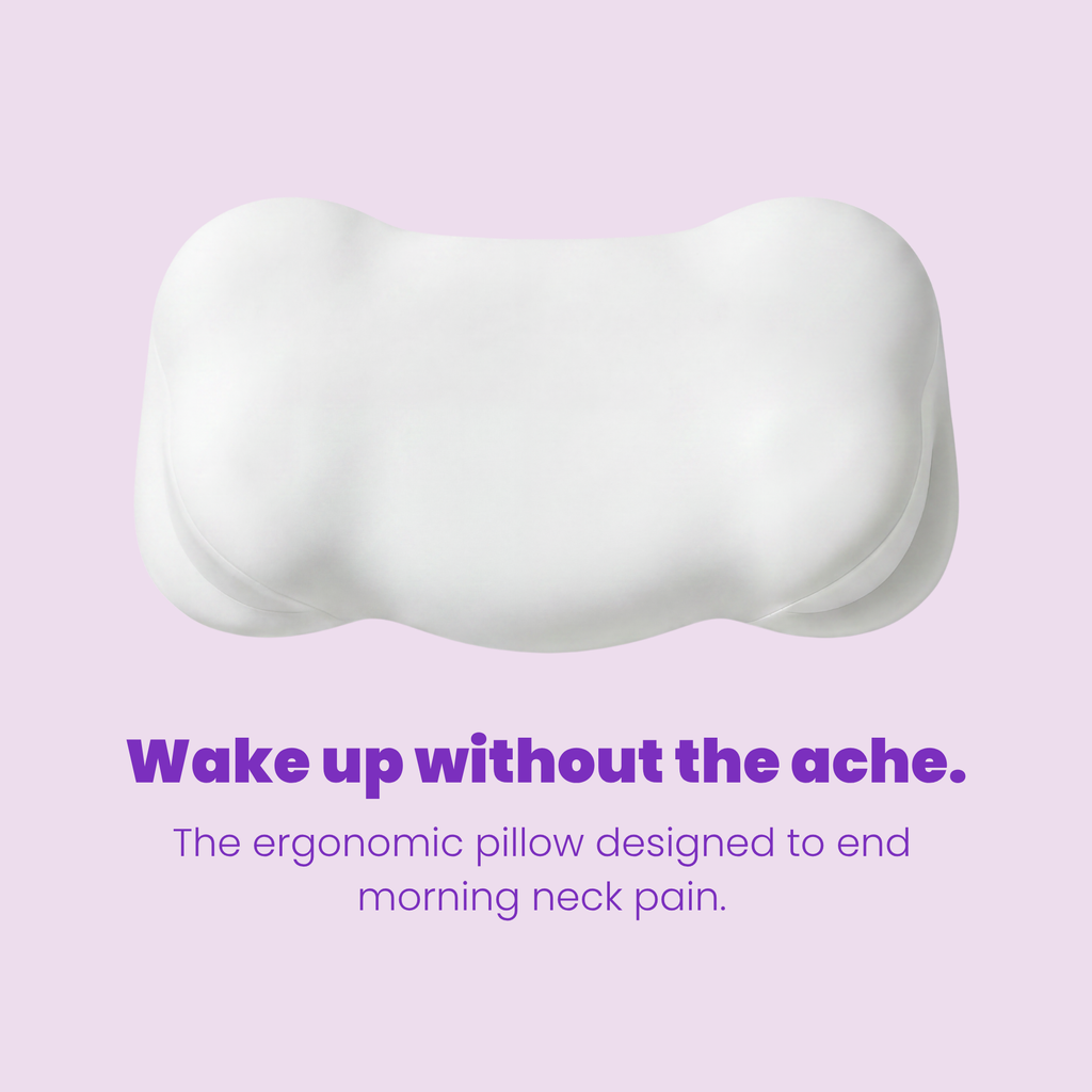 SORA Cloud white ergonomic contoured pillow lavender background wake up without the ache neck pain relief
