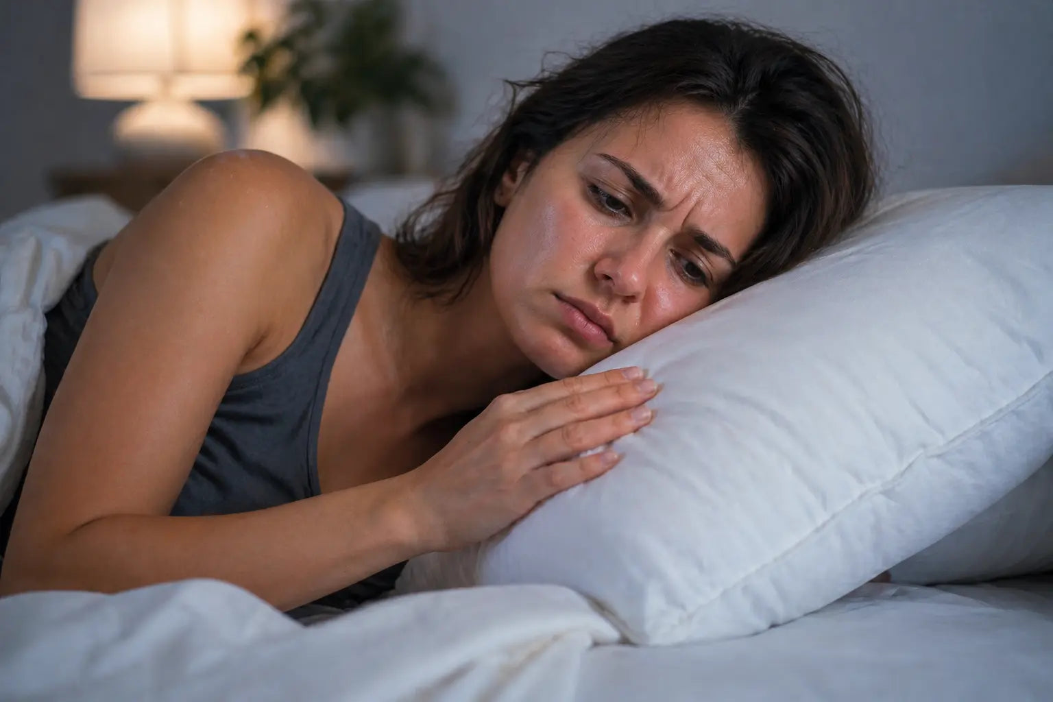 Woman lying down with chronic neck pain and morning stiffness — sleep misalignment