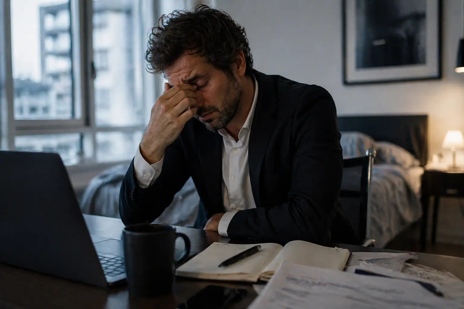 Man with neck pain after long hours working at a desk — tech-neck and cervical tension